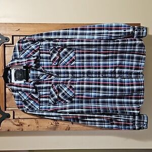 Guess Western Blue Red White Plaid Snap Button Long Sleeve Shirt Men's  2XL